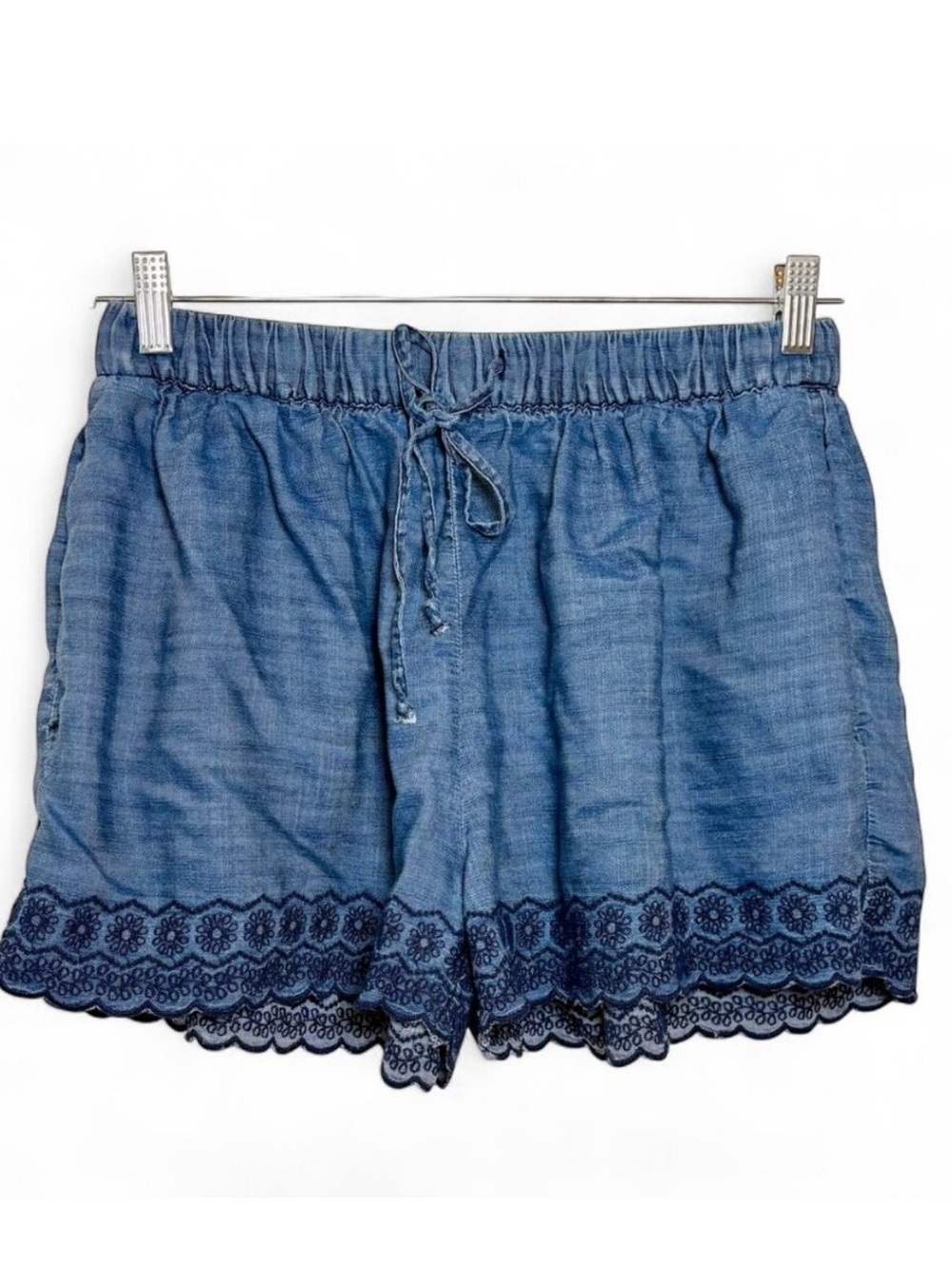 Gap Chambray Embroidered Lace Hem Drawstring Shorts Blue Boho Size Small